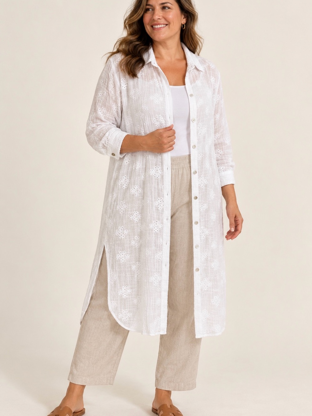 J.Jill White Embroidered Eyelet Gauze Duster Shirtdress XL